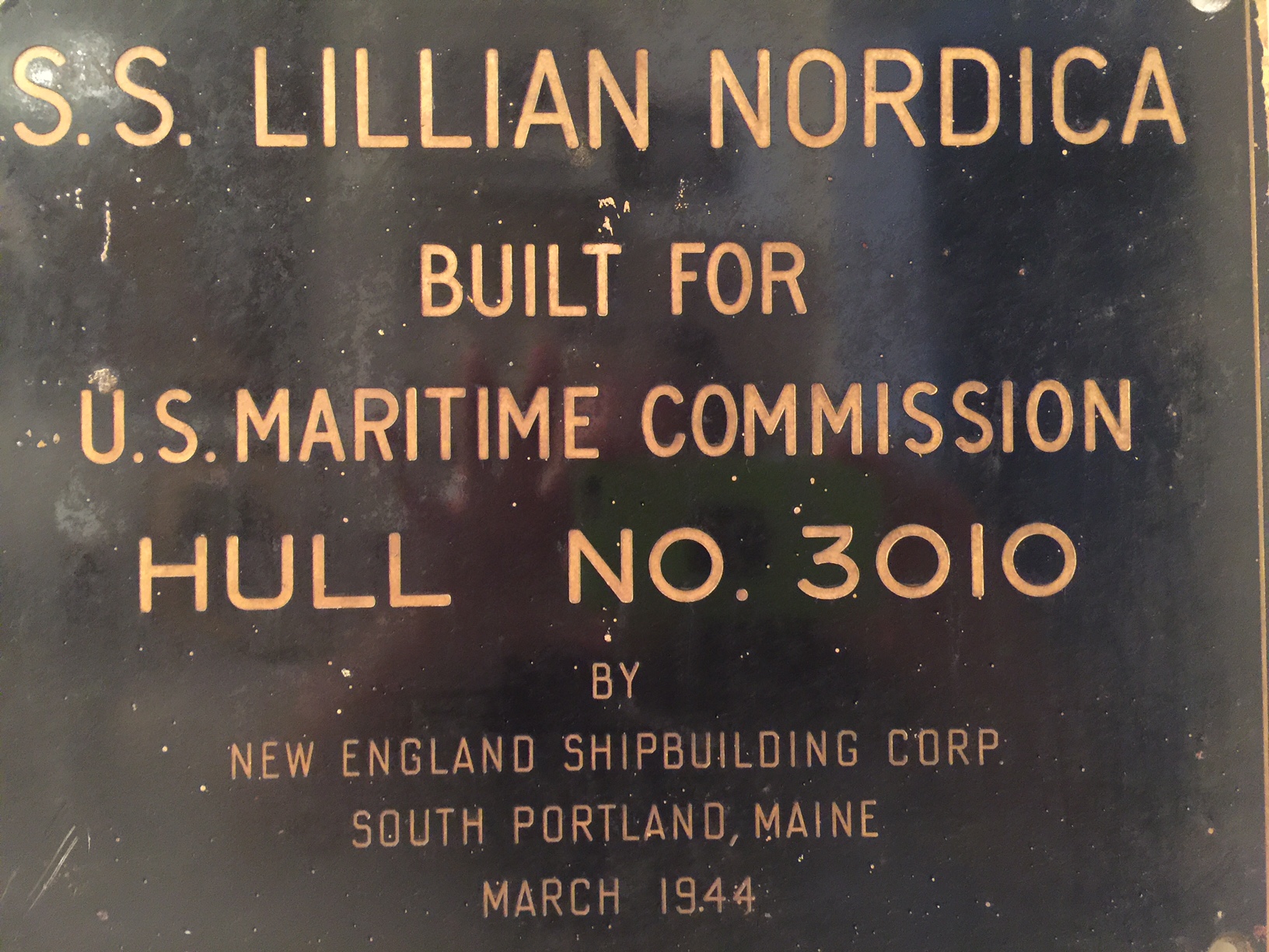 Plaque on SS Lillian Nordica